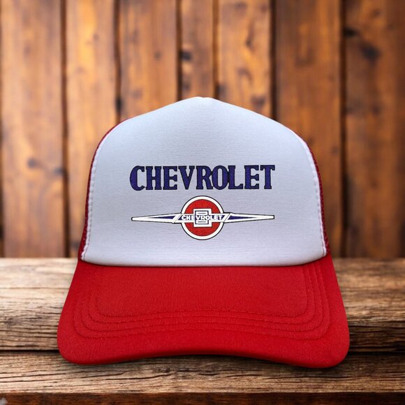 Chevrolet Mens Trucker Hat Red Snapback 1930s Logo Vintage Retro Baseball Cap - Picture 1 of 4